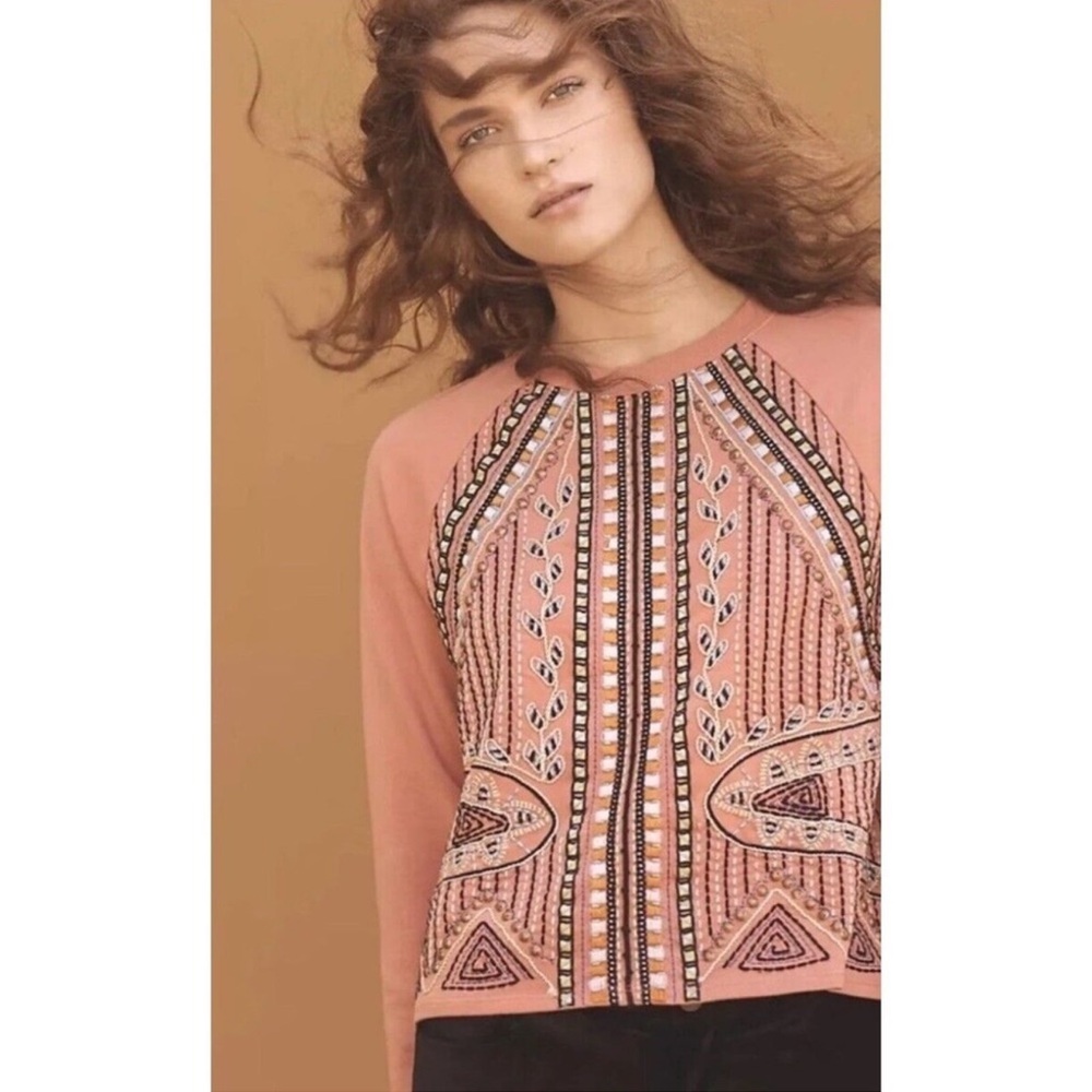 Anthropologie Embellished Pink Crewneck Sweater